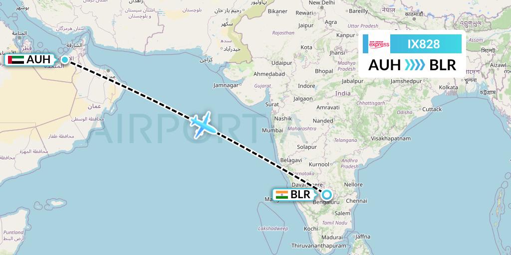 IX828 Air India Express Flight Map: Abu Dhabi to Bangalore
