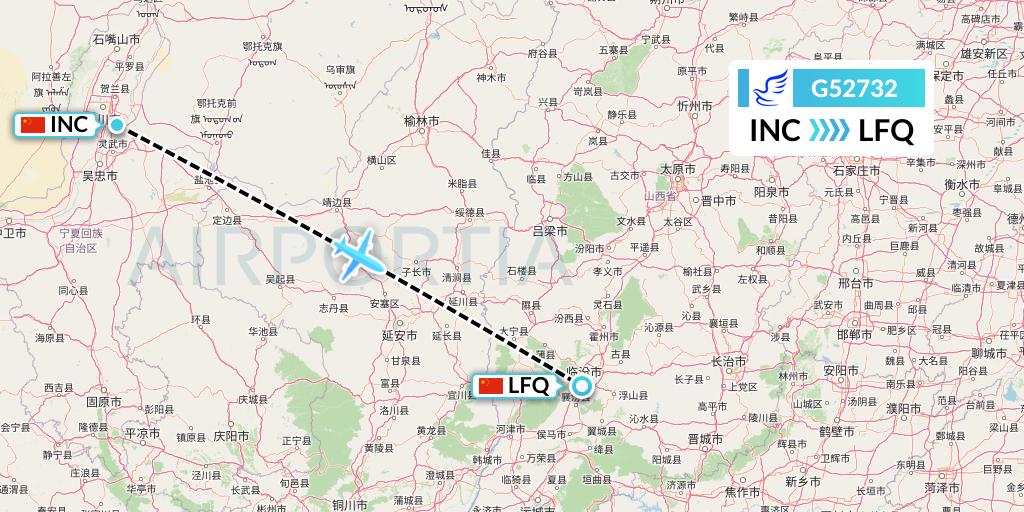 G52732 China Express Airlines Flight Map: Yinchuan to Yulin