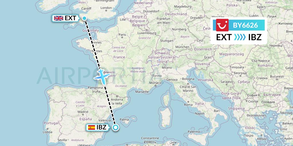 BY6626 TUI Airways Flight Map: Exeter to Ibiza