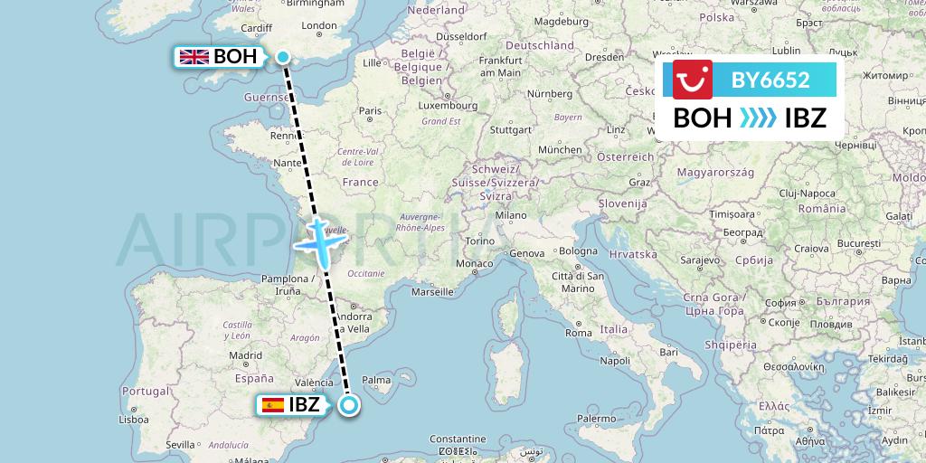 BY6652 TUI Airways Flight Map: Bournemouth to Ibiza