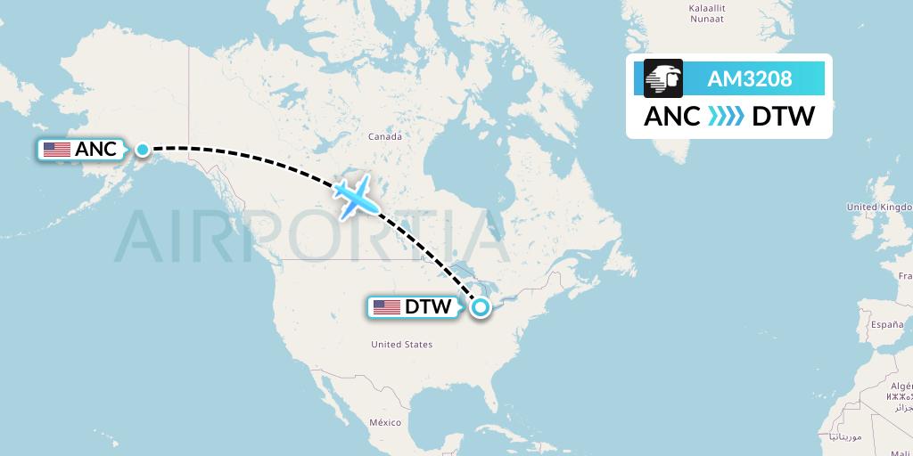 AM3208 Aeromexico Flight Map: Anchorage to Detroit