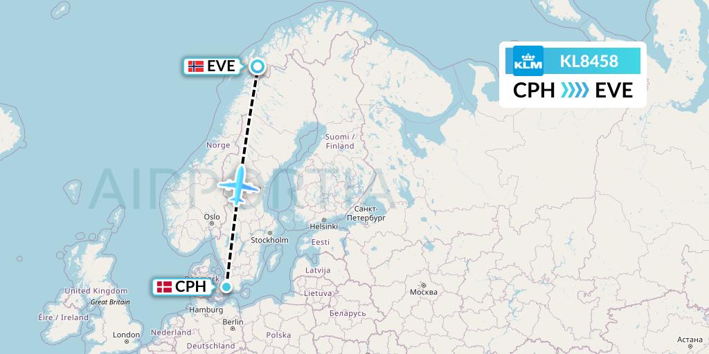 KL8458 KLM Flight Map: Copenhagen to Harstad