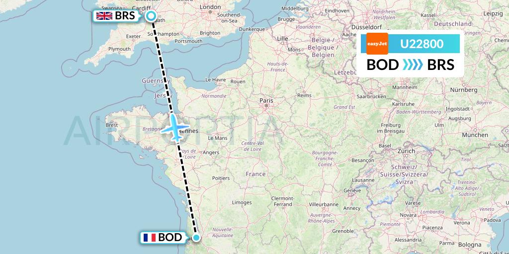 U22800 EasyJet Flight Map: Bordeaux to Bristol