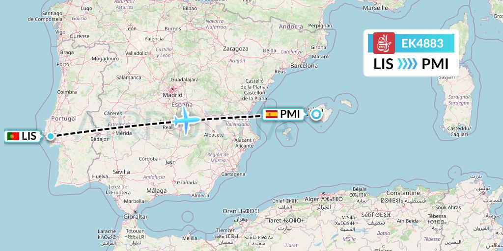 EK4883 Emirates Flight Map: Lisbon to Palma de Mallorca