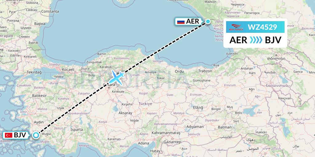 WZ4529 Red Wings Flight Map: Sochi to Bodrum