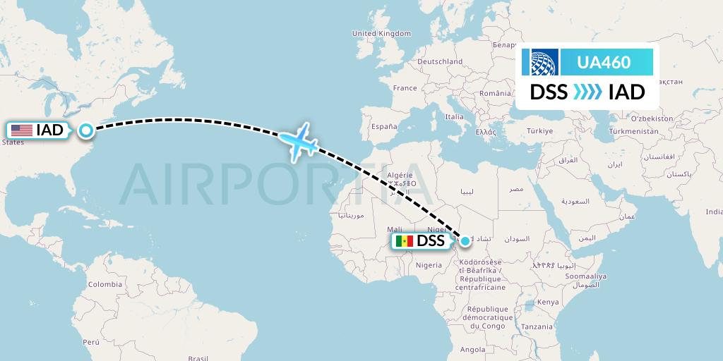 UA460 United Airlines Flight Map: Dakar to Washington