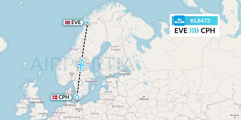 KL8473 KLM Flight Map: Harstad to Copenhagen