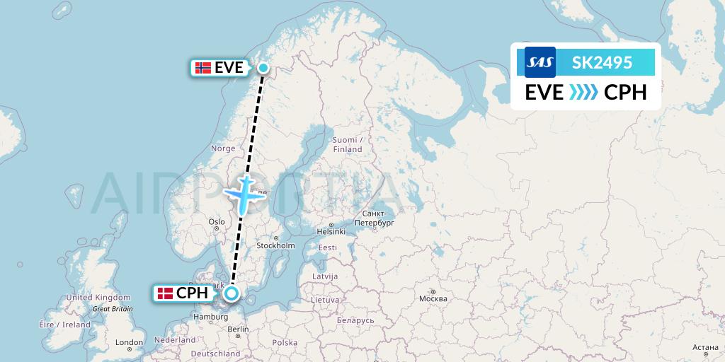 SK2495 SAS Flight Map: Harstad to Copenhagen