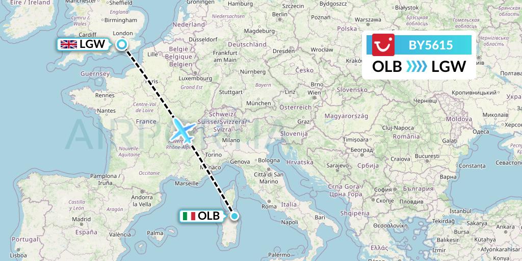 BY5615 TUI Airways Flight Map: Olbia to London