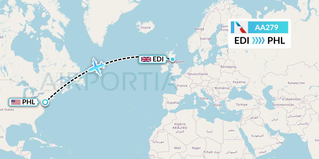 AA279 American Airlines Flight Map: Edinburgh to Philadelphia