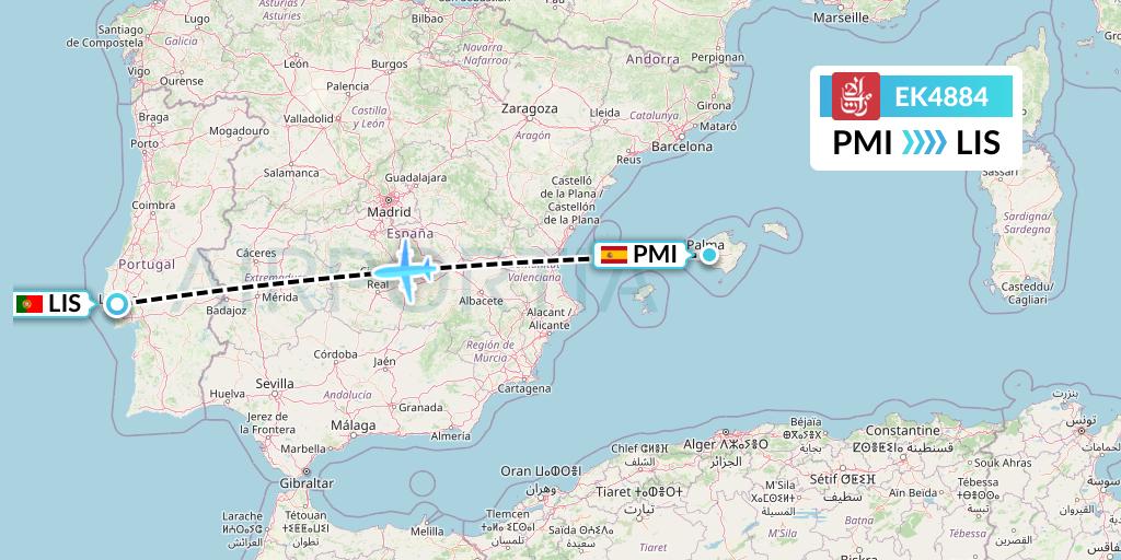 EK4884 Emirates Flight Map: Palma de Mallorca to Lisbon