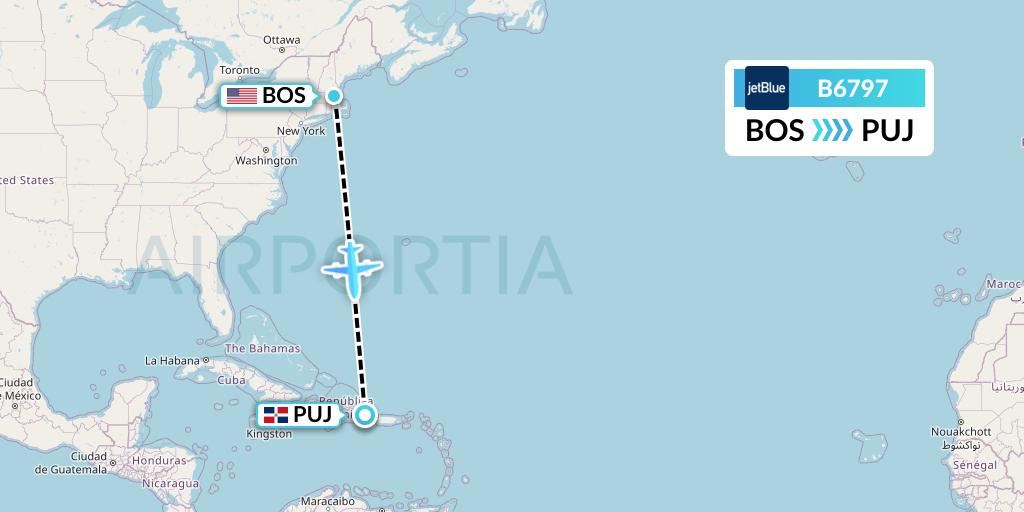 B6797 JetBlue Airways Flight Map: Boston to Punta Cana