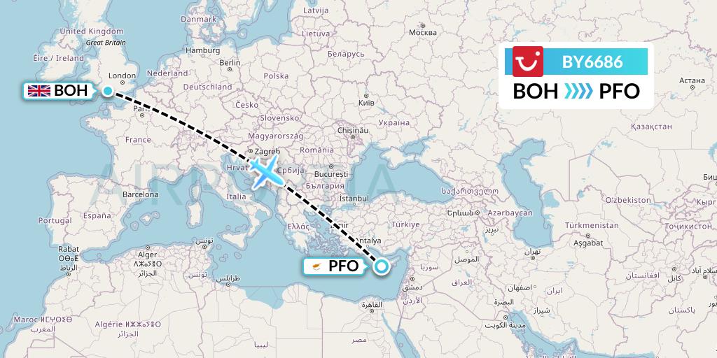 BY6686 TUI Airways Flight Map: Bournemouth to Pafos