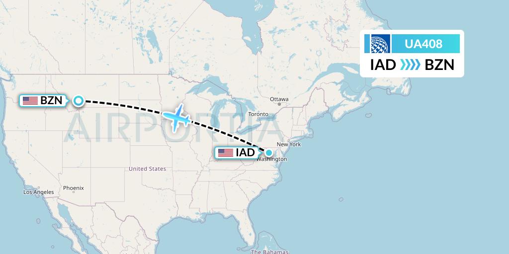 UA408 United Airlines Flight Map: Washington to Bozeman