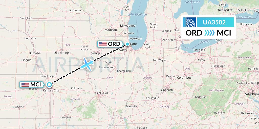 UA3502 United Airlines Flight Map: Chicago to Kansas City