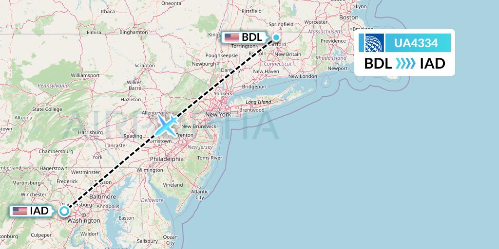 UA4334 United Airlines Flight Map: Windsor Locks to Washington
