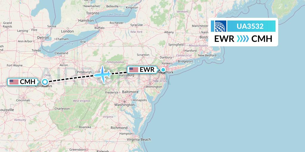 UA3532 United Airlines Flight Map: New York to Columbus