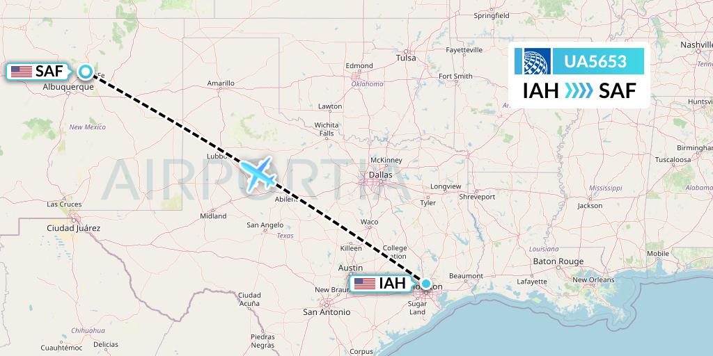 UA5653 United Airlines Flight Map: Houston to Santa Fe