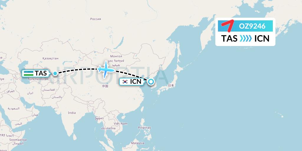 OZ9246 Asiana Airlines Flight Map: Tashkent to Seoul
