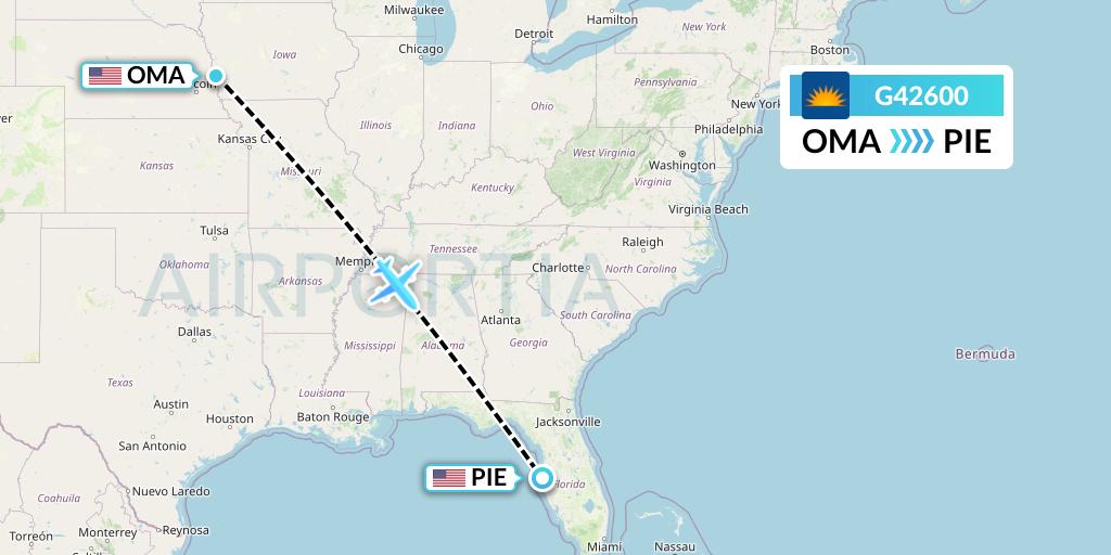 G42600 Allegiant Air Flight Map: Omaha to St. Petersburg