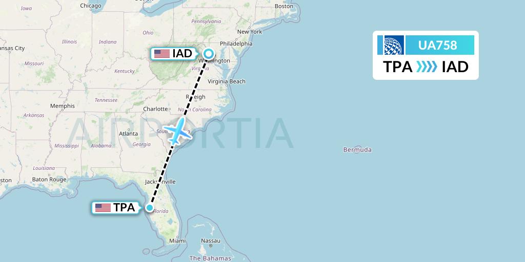 UA758 United Airlines Flight Map: Tampa to Washington