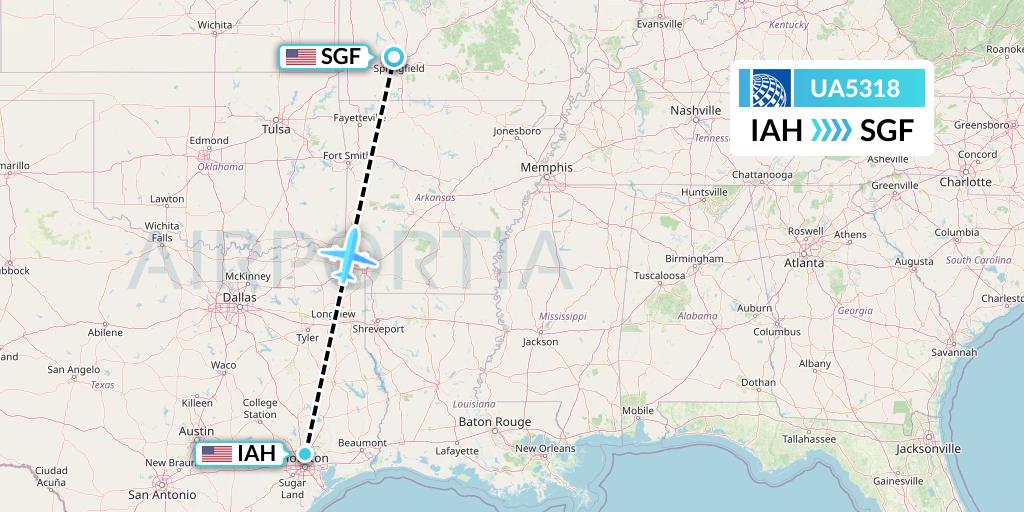 UA5318 United Airlines Flight Map: Houston to Springfield