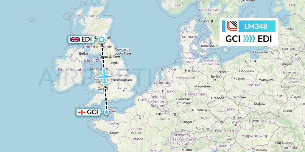 LM348 Loganair Flight Map: Guernsey to Edinburgh