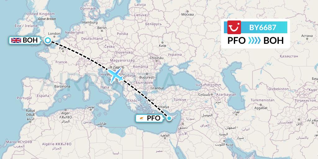 BY6687 TUI Airways Flight Map: Pafos to Bournemouth