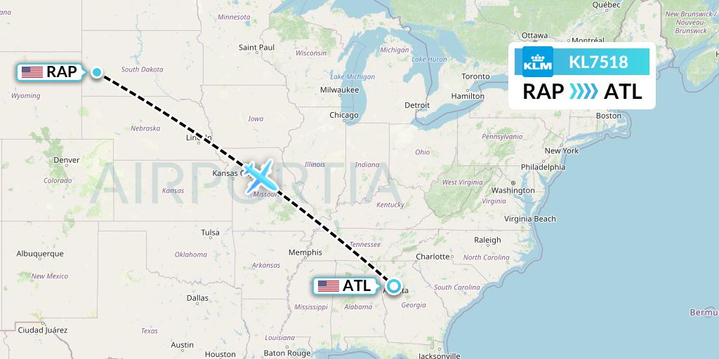 KL7518 KLM Flight Map: Rapid City to Atlanta