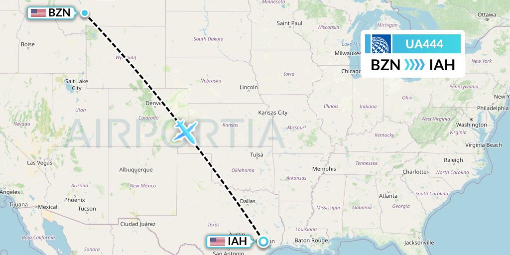 UA444 United Airlines Flight Map: Bozeman to Houston