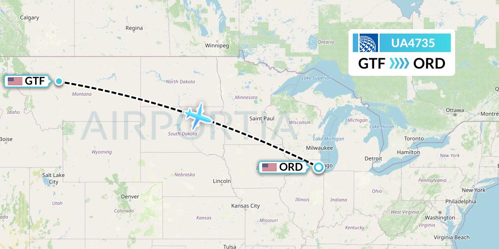 UA4735 United Airlines Flight Map: Great Falls to Chicago