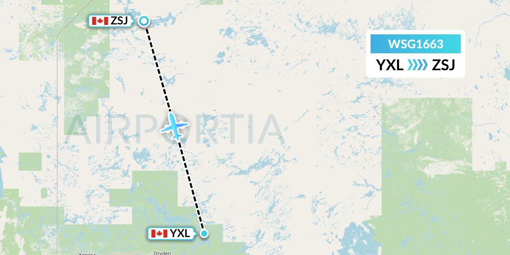 WSG1663 Wasaya Airways Flight Map: Sioux Lookout to Sandy Lake