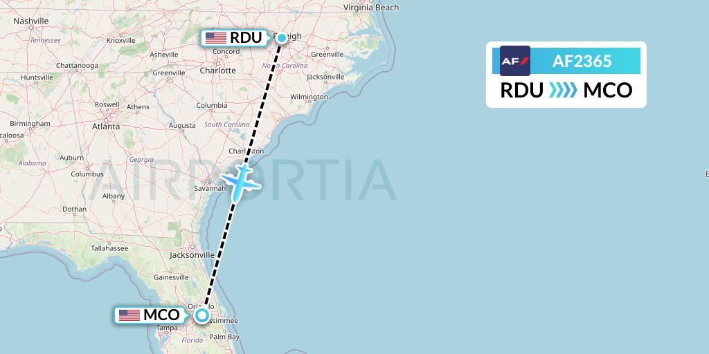 AF2365 Air France Flight Map: Raleigh-Durham to Orlando