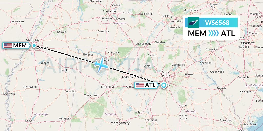 WS6568 WestJet Flight Map: Memphis to Atlanta