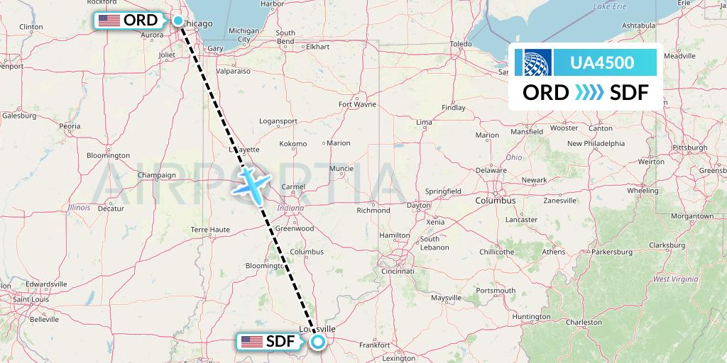 UA4500 United Airlines Flight Map: Chicago to Louisville