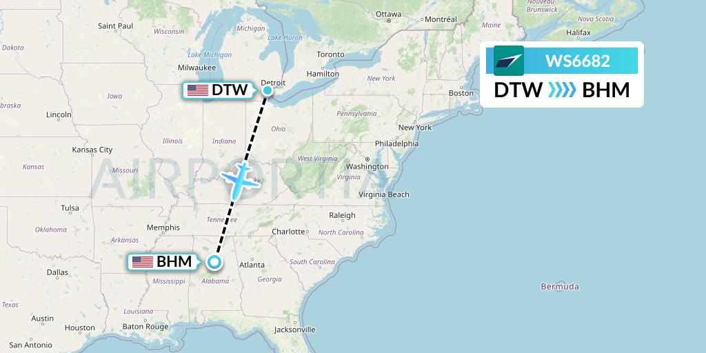 WS6682 WestJet Flight Map: Detroit to Birmingham