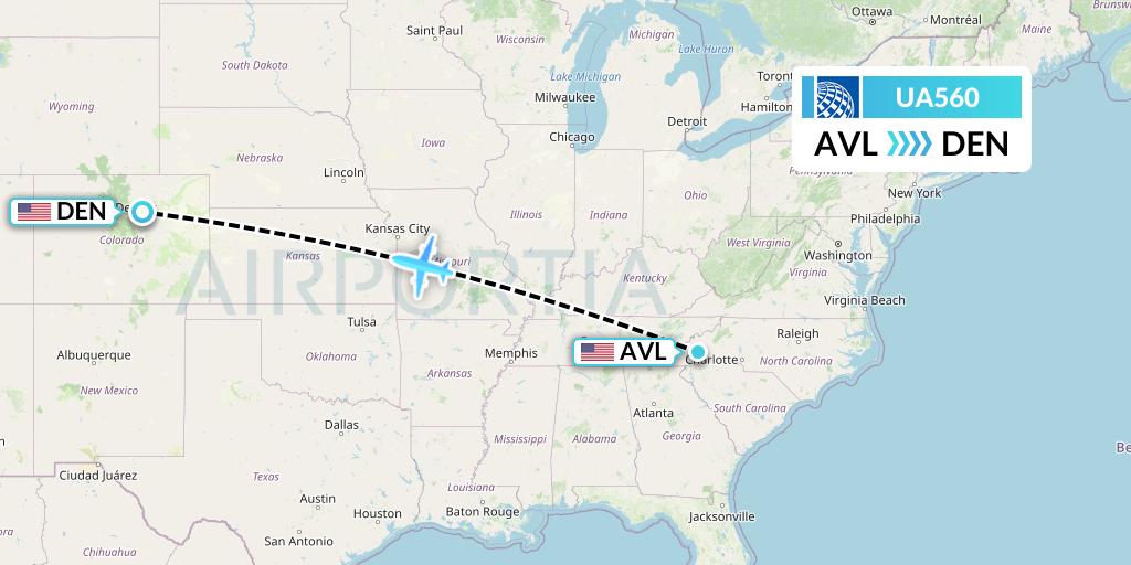 UA560 United Airlines Flight Map: Asheville to Denver