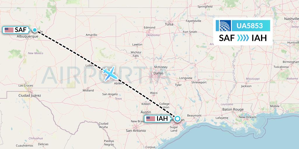 UA5853 United Airlines Flight Map: Santa Fe to Houston