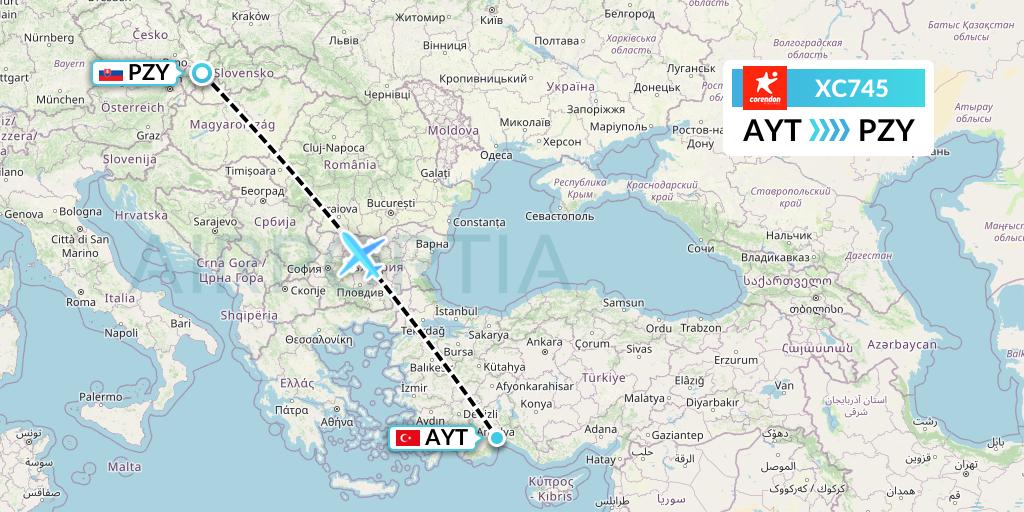 XC745 Corendon Airlines Flight Map: Antalya to Piestany