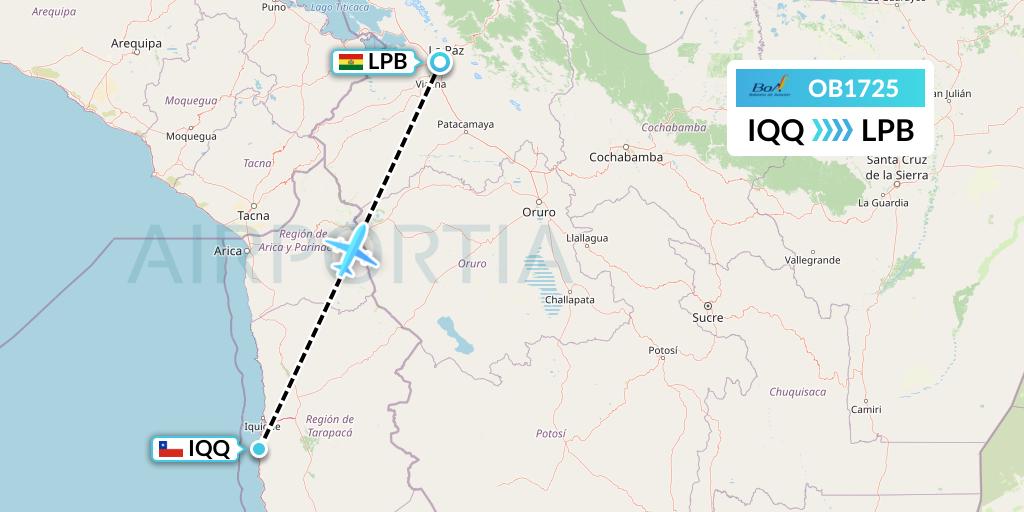 OB1725 Boliviana de Aviacion Flight Map: Iquique to La Paz