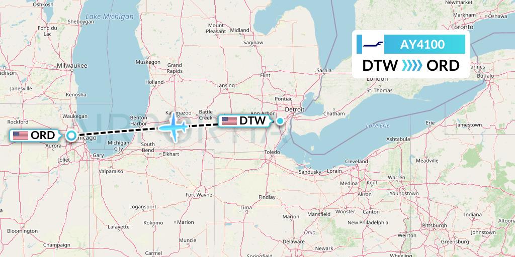 AY4100 Finnair Flight Map: Detroit to Chicago
