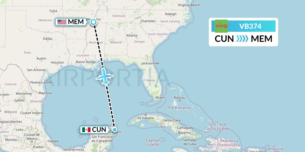 VB374 VivaAerobus Flight Map: Cancun to Memphis