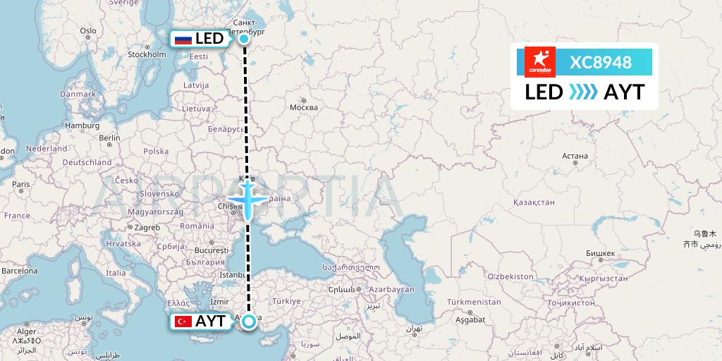 XC8948 Corendon Airlines Flight Map: St. Petersburg to Antalya