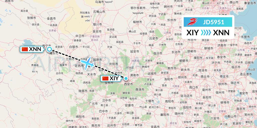 JD5951 Capital Airlines Flight Map: Xi'an to Xining
