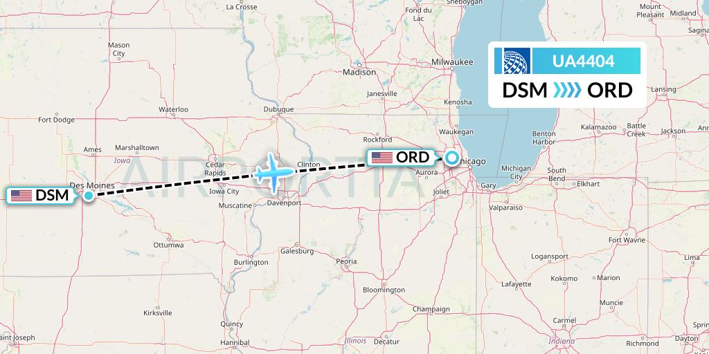 UA4404 United Airlines Flight Map: Des Moines to Chicago