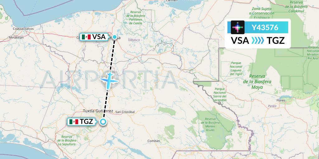 Y43576 Volaris Flight Map: Villahermosa to Tuxtla Gutierrez