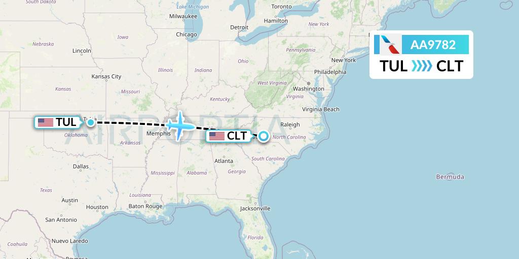 AA9782 American Airlines Flight Map: Tulsa to Charlotte