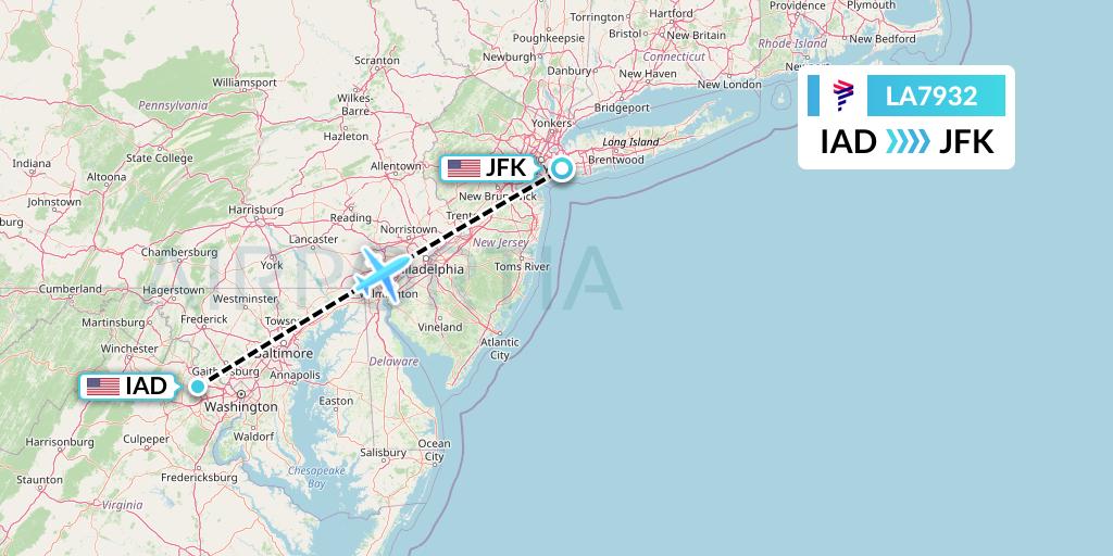 LA7932 LAN Airlines Flight Map: Washington to New York