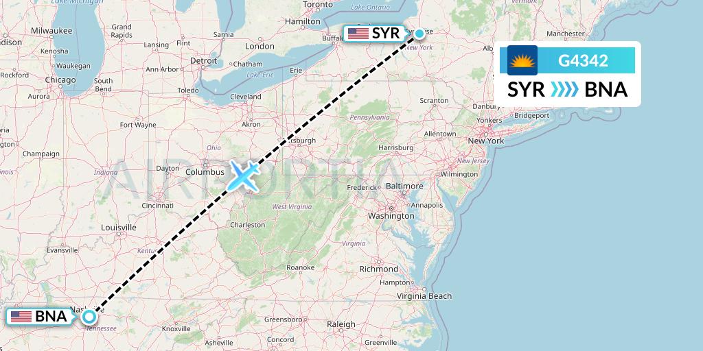 G4342 Allegiant Air Flight Map: Syracuse to Nashville