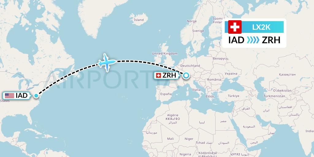 LX2K Swiss Flight Map: Washington to Zurich